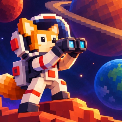Alien Terrain app icon: a fox astronaut looking through binoculars at distant planets